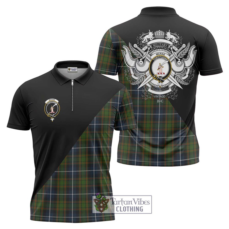 McRae Hunting Tartan Zipper Polo Shirt with Family Crest and Military Logo Style