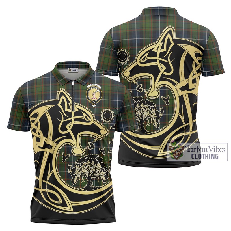McRae Hunting Tartan Zipper Polo Shirt with Family Crest Celtic Wolf Style