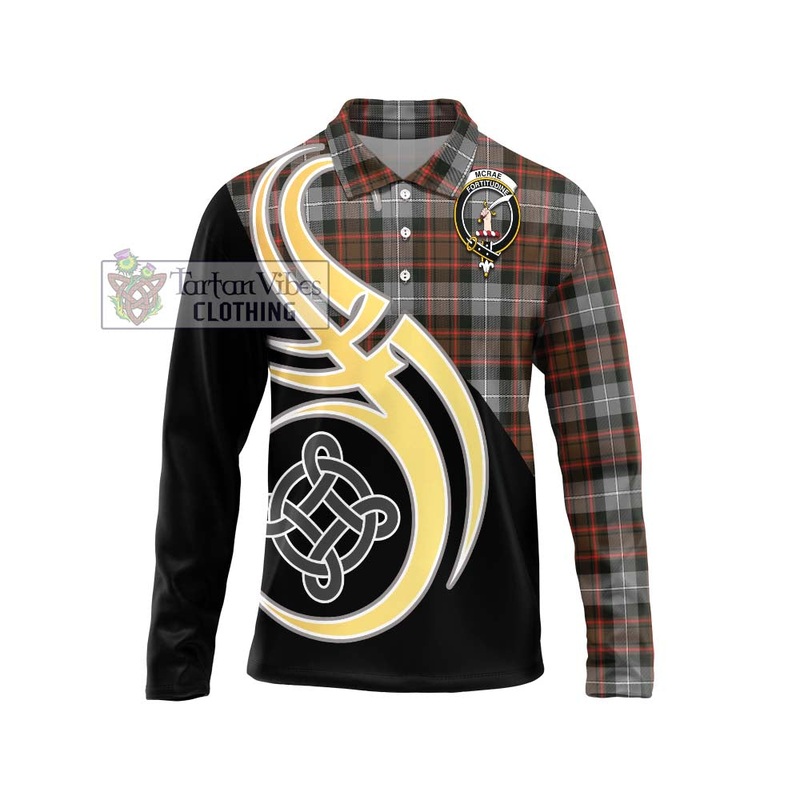 McRae Hunting Weathered Tartan Long Sleeve Polo Shirt with Family Crest and Celtic Symbol Style