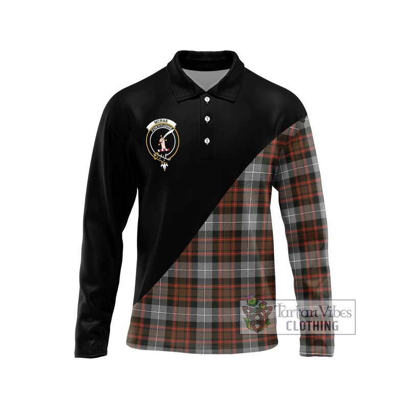 McRae Hunting Weathered Tartan Long Sleeve Polo Shirt with Family Crest and Military Logo Style