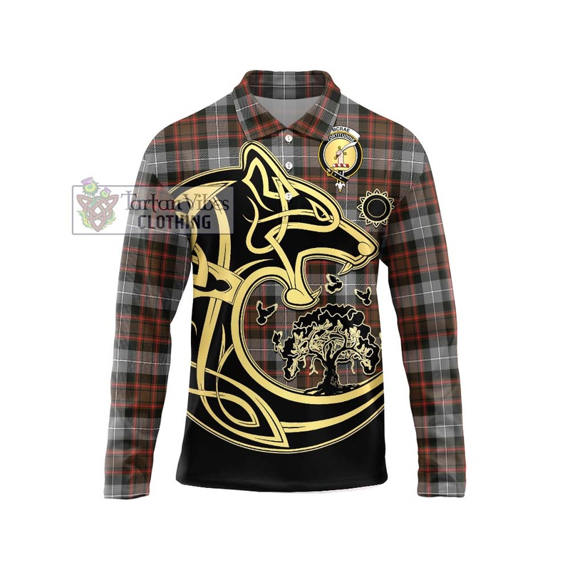McRae Hunting Weathered Tartan Long Sleeve Polo Shirt with Family Crest Celtic Wolf Style