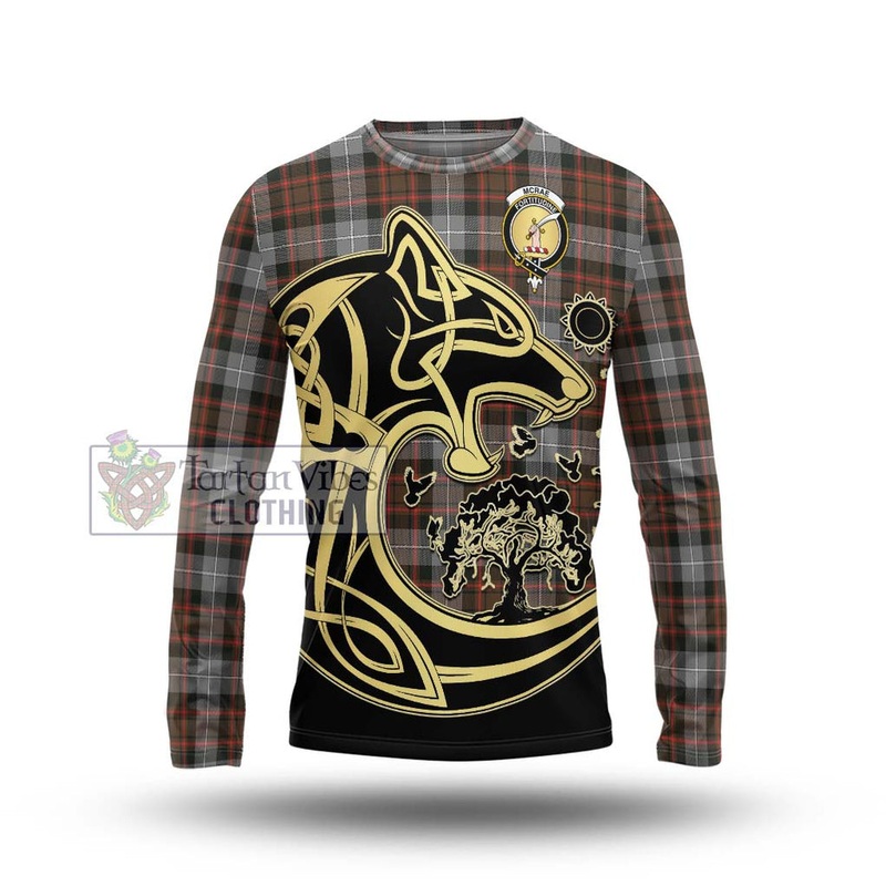 McRae Hunting Weathered Tartan Long Sleeve T-Shirt with Family Crest Celtic Wolf Style