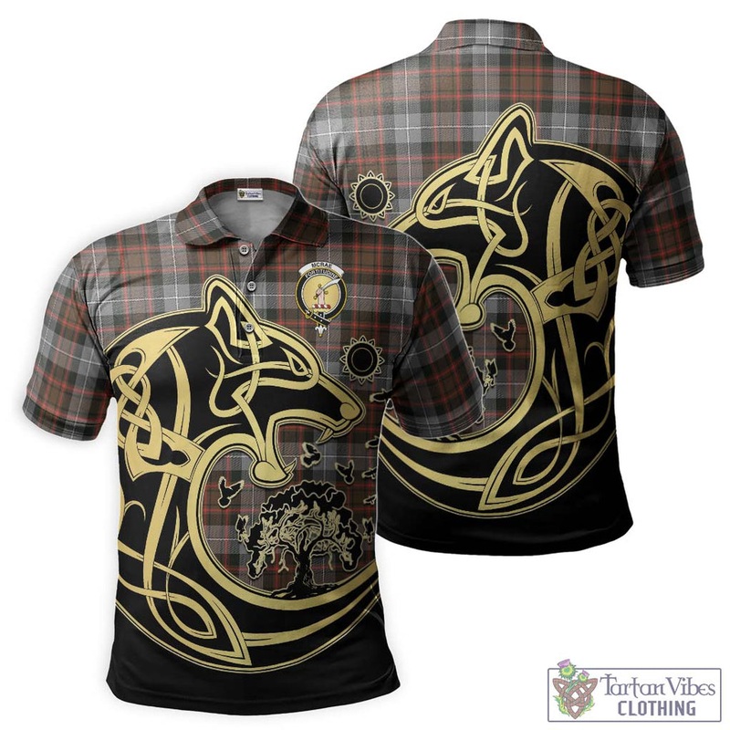 McRae Hunting Weathered Tartan Polo Shirt with Family Crest Celtic Wolf Style
