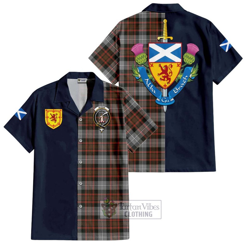 McRae Hunting Weathered Tartan Short Sleeve Button Shirt Alba with Scottish Lion Royal Arm Half Style