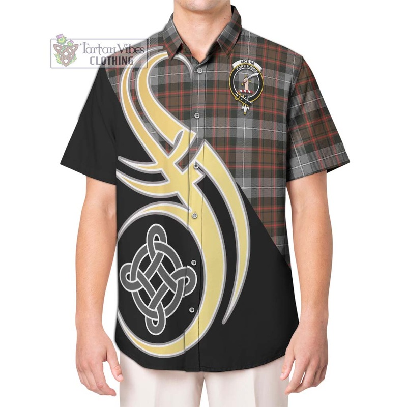 McRae Hunting Weathered Tartan Short Sleeve Button Shirt with Family Crest and Celtic Symbol Style