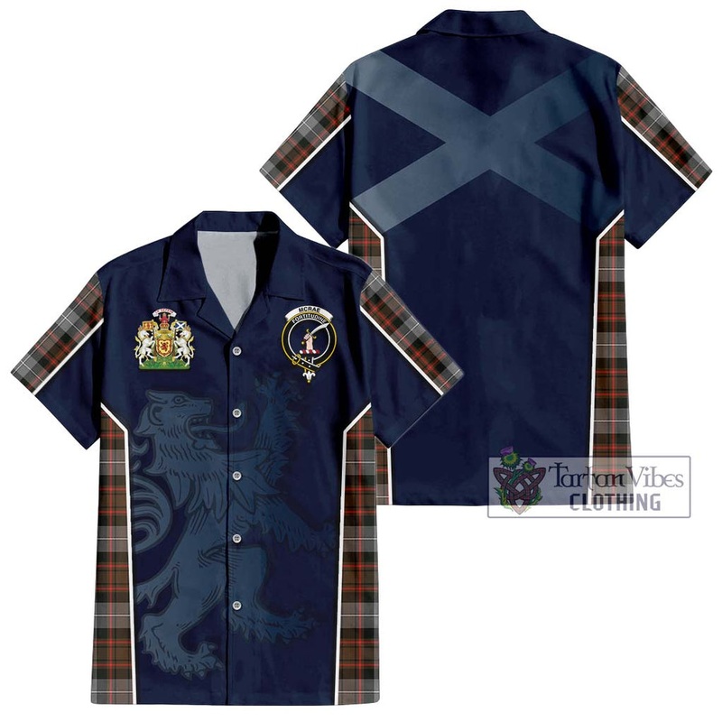 McRae Hunting Weathered Tartan Short Sleeve Button Shirt with Family Crest and Lion Rampant Vibes Sport Style
