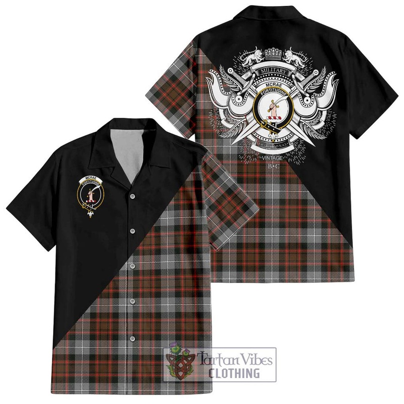 McRae Hunting Weathered Tartan Short Sleeve Button Shirt with Family Crest and Military Logo Style