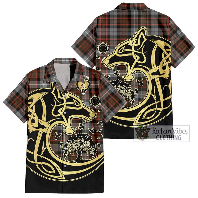 McRae Hunting Weathered Tartan Short Sleeve Button Shirt with Family Crest Celtic Wolf Style
