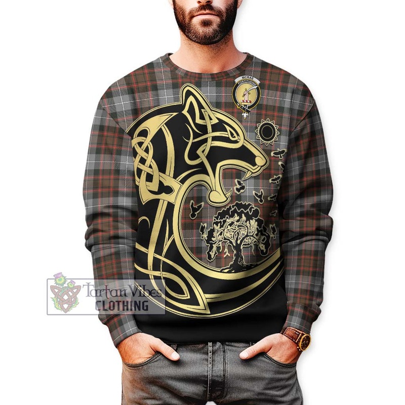 McRae Hunting Weathered Tartan Sweatshirt with Family Crest Celtic Wolf Style