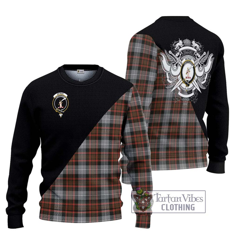 McRae Hunting Weathered Tartan Ugly Sweater with Family Crest and Military Logo Style
