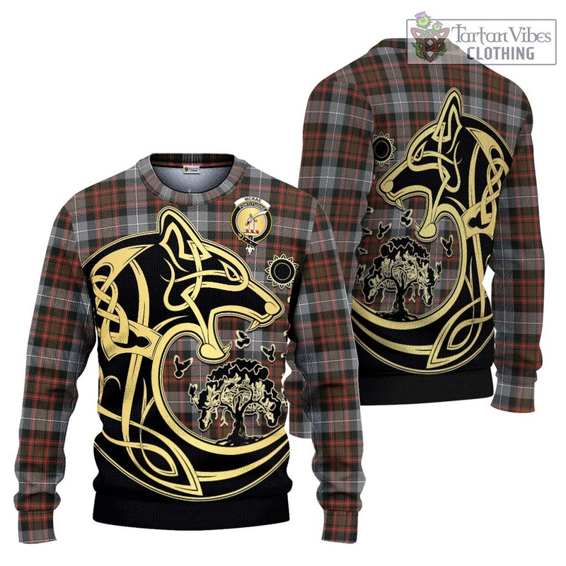 McRae Hunting Weathered Tartan Ugly Sweater with Family Crest Celtic Wolf Style