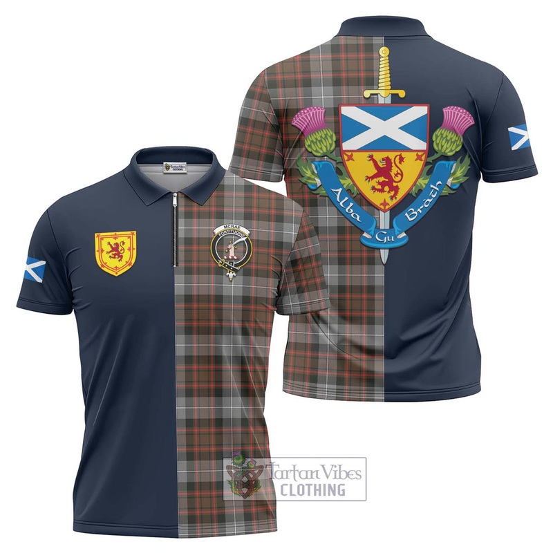 McRae Hunting Weathered Tartan Zipper Polo Shirt Alba with Scottish Lion Royal Arm Half Style