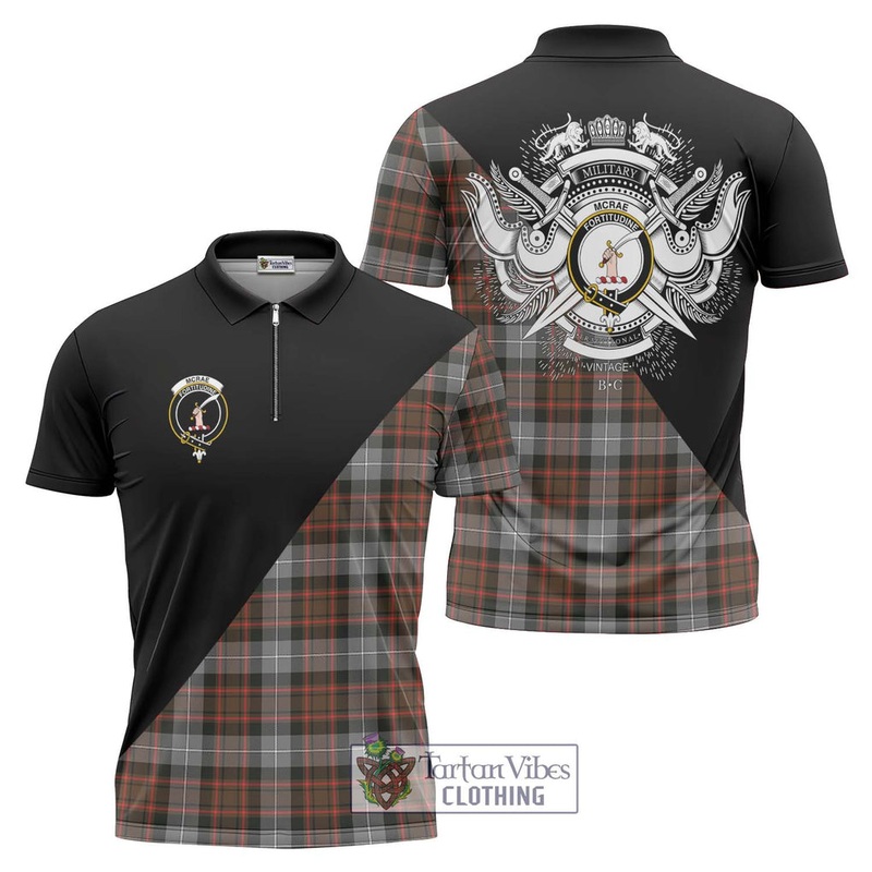 McRae Hunting Weathered Tartan Zipper Polo Shirt with Family Crest and Military Logo Style