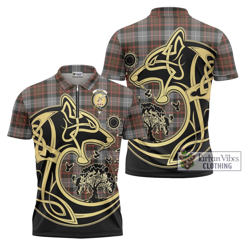 McRae Hunting Weathered Tartan Zipper Polo Shirt with Family Crest Celtic Wolf Style