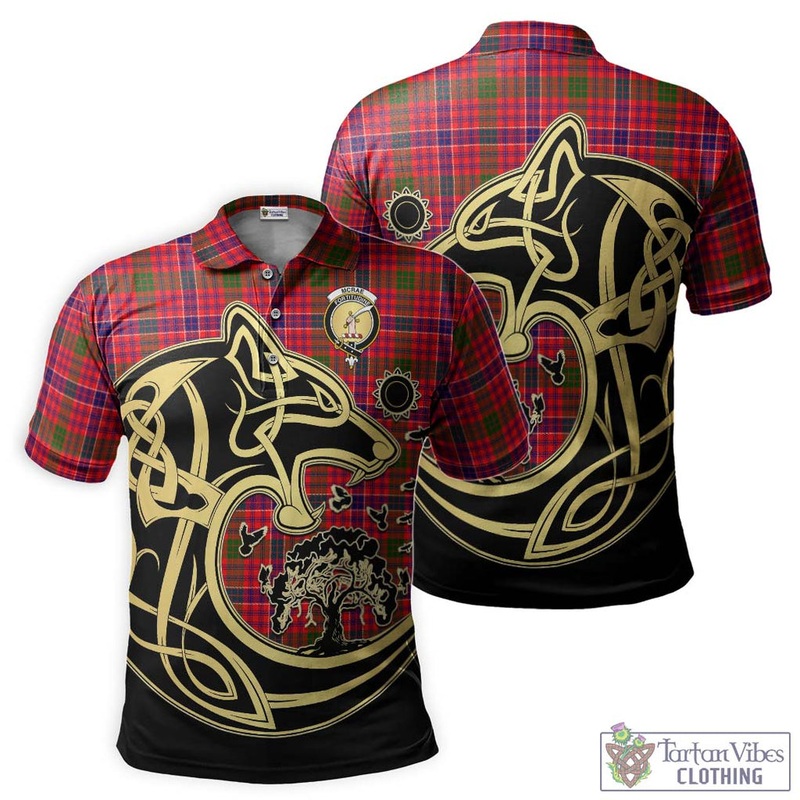 McRae Modern Tartan Polo Shirt with Family Crest Celtic Wolf Style