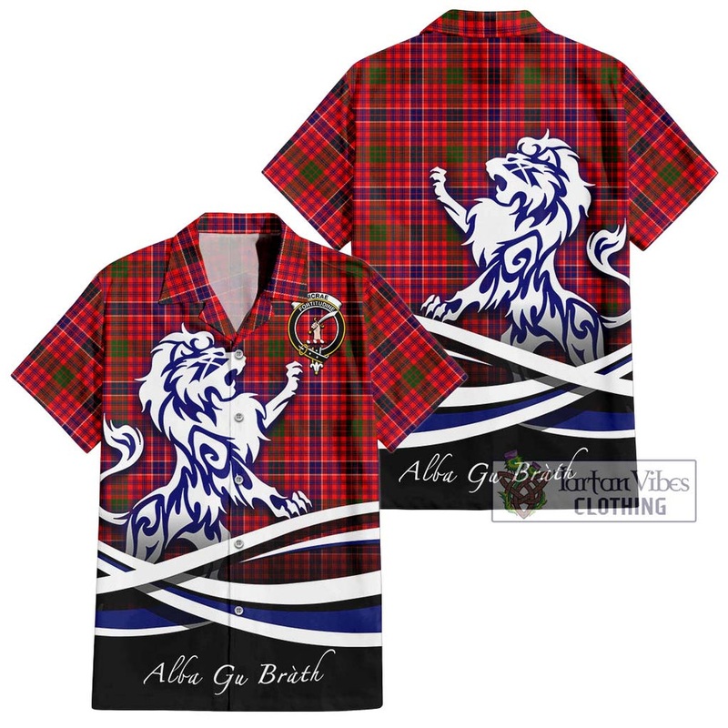 McRae Modern Tartan Short Sleeve Button Shirt with Alba Gu Brath Regal Lion Emblem