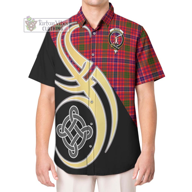 McRae Modern Tartan Short Sleeve Button Shirt with Family Crest and Celtic Symbol Style