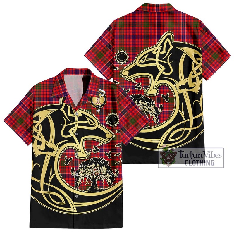 McRae Modern Tartan Short Sleeve Button Shirt with Family Crest Celtic Wolf Style
