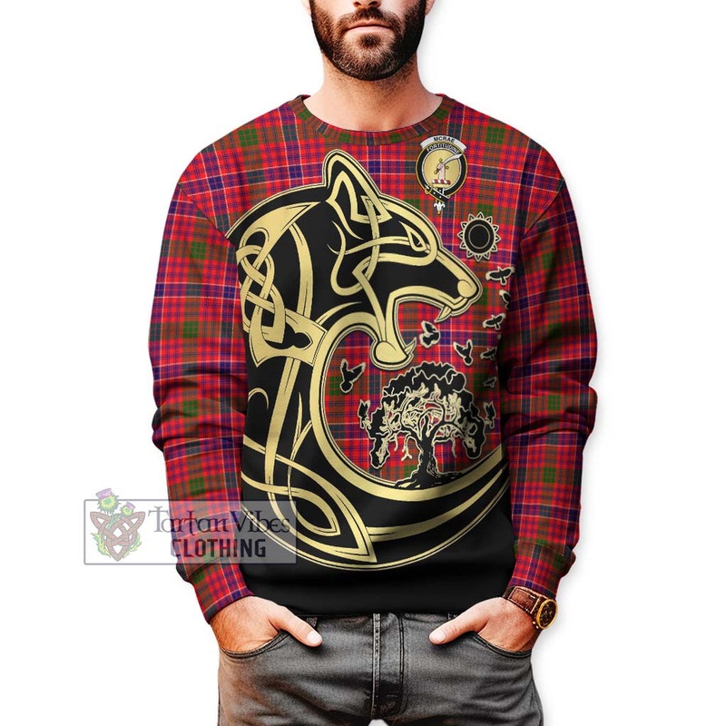 McRae Modern Tartan Sweatshirt with Family Crest Celtic Wolf Style