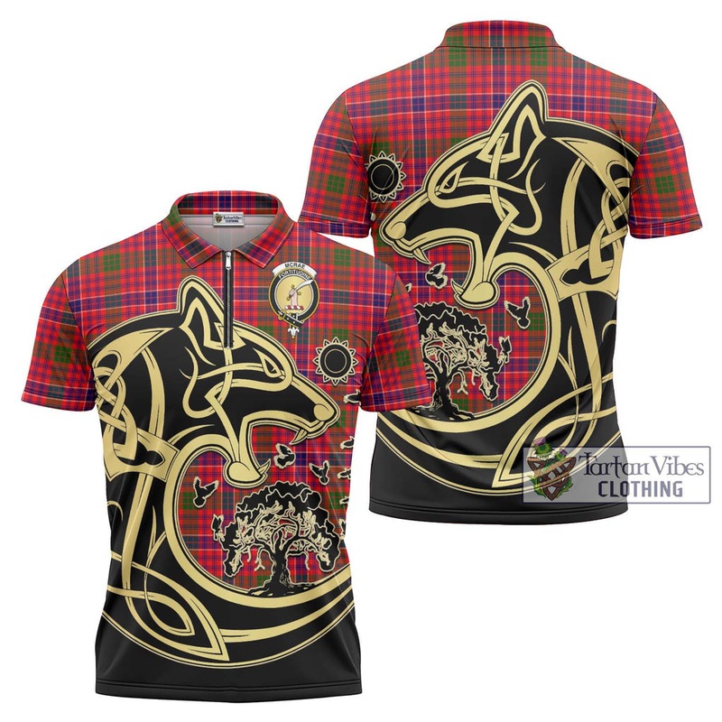 McRae Modern Tartan Zipper Polo Shirt with Family Crest Celtic Wolf Style