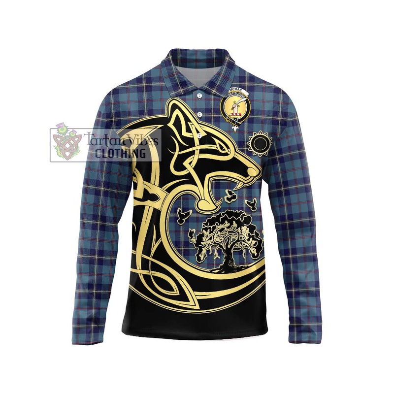 McRae of America Tartan Long Sleeve Polo Shirt with Family Crest Celtic Wolf Style