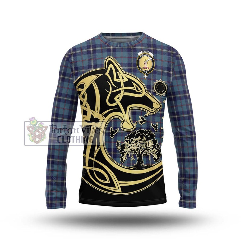 McRae of America Tartan Long Sleeve T-Shirt with Family Crest Celtic Wolf Style