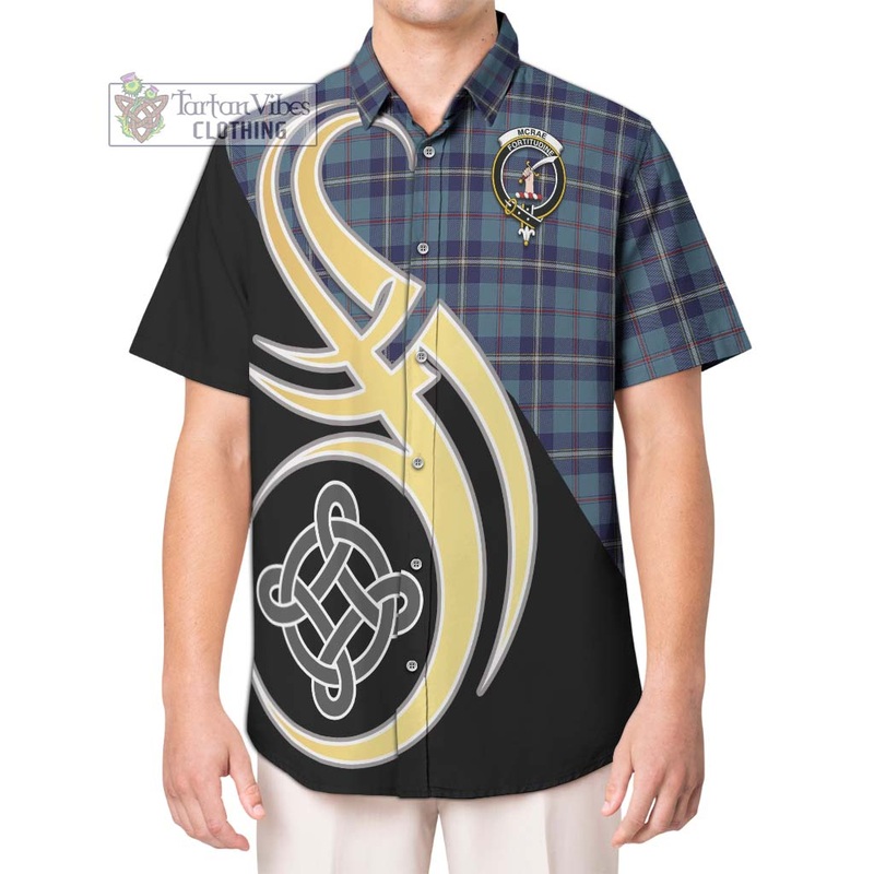 McRae of America Tartan Short Sleeve Button Shirt with Family Crest and Celtic Symbol Style