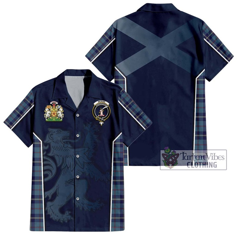 McRae of America Tartan Short Sleeve Button Shirt with Family Crest and Lion Rampant Vibes Sport Style