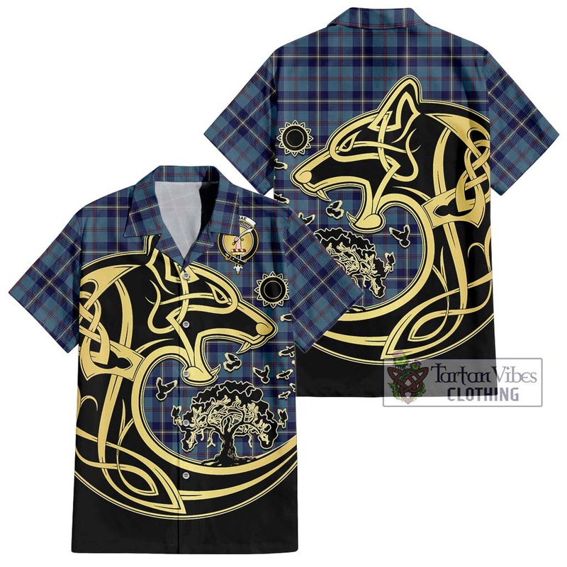 McRae of America Tartan Short Sleeve Button Shirt with Family Crest Celtic Wolf Style
