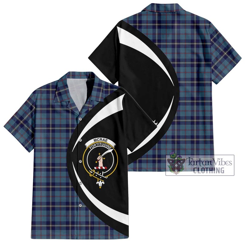 McRae of America Tartan Short Sleeve Button Up with Family Crest Circle Style
