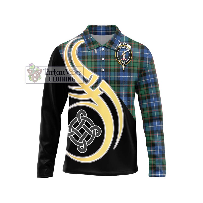 McRae Hunting Ancient Tartan Long Sleeve Polo Shirt with Family Crest and Celtic Symbol Style