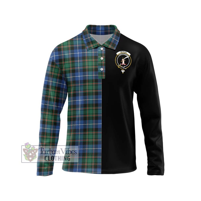 McRae Hunting Ancient Tartan Long Sleeve Polo Shirt with Family Crest and Half Of Me Style