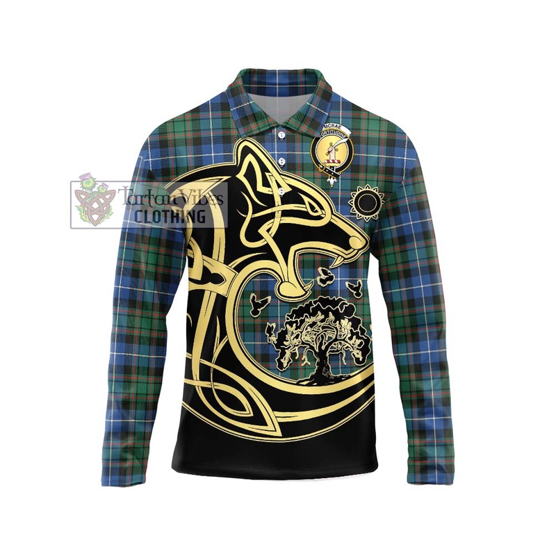 McRae Hunting Ancient Tartan Long Sleeve Polo Shirt with Family Crest Celtic Wolf Style