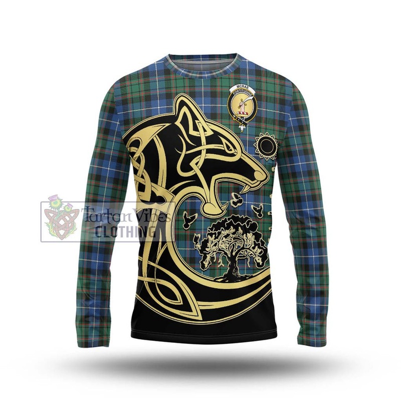 McRae Hunting Ancient Tartan Long Sleeve T-Shirt with Family Crest Celtic Wolf Style