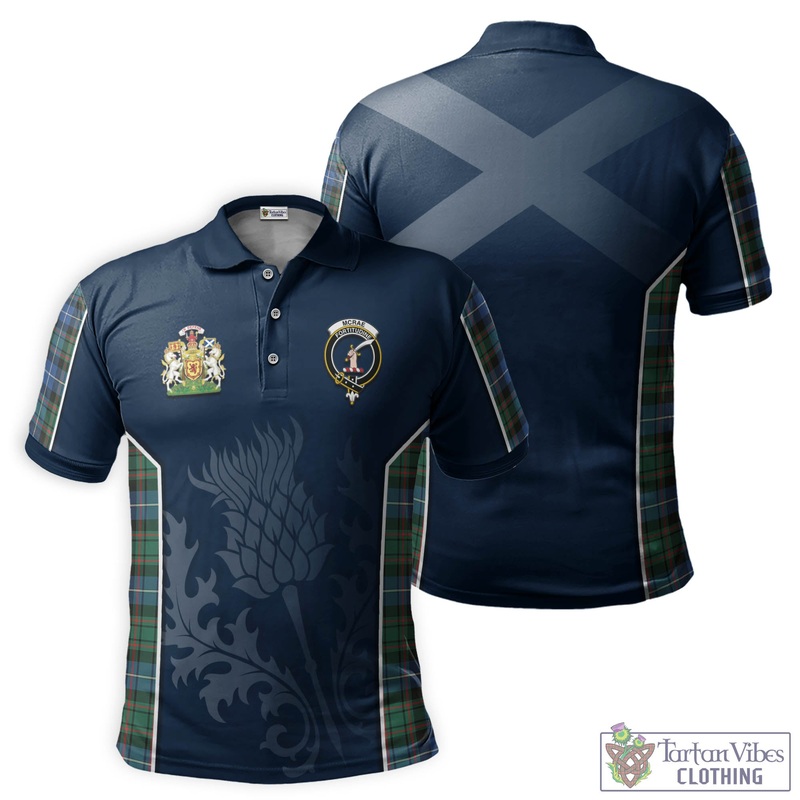 McRae Hunting Ancient Tartan Men's Polo Shirt with Family Crest and Scottish Thistle Vibes Sport Style