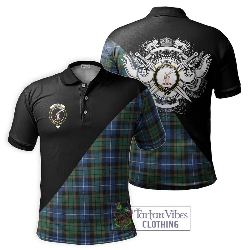 McRae Hunting Ancient Tartan Polo Shirt with Family Crest and Military Logo Style