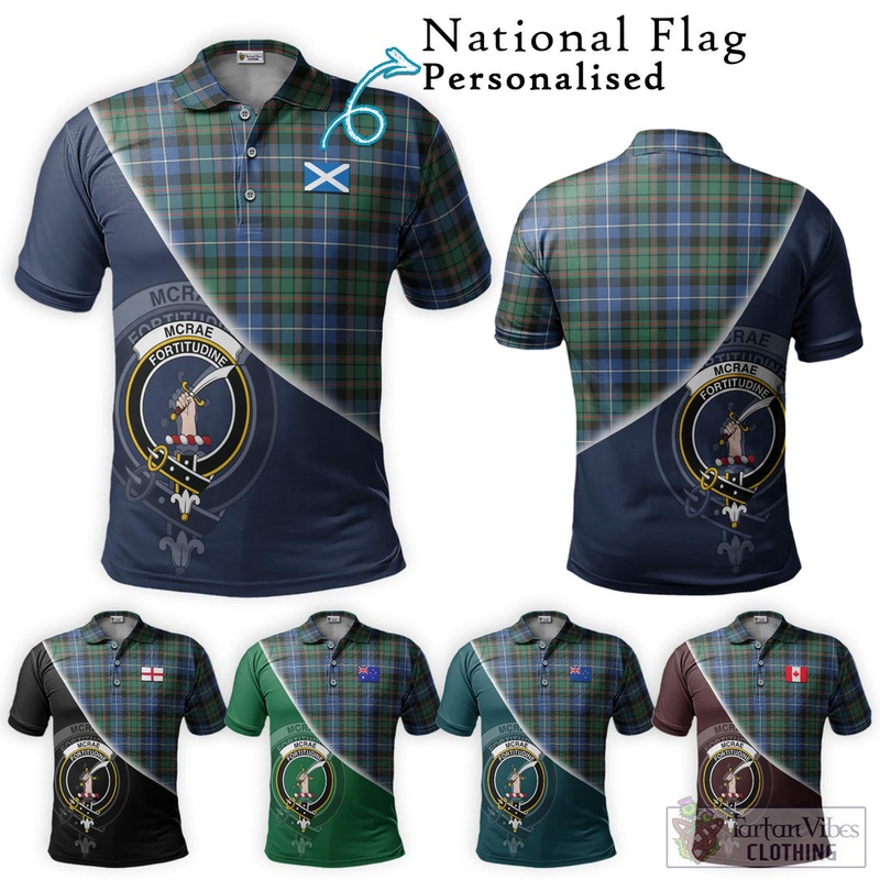 McRae Hunting Ancient Tartan Polo Shirt with Personalised National Flag and Family Crest Half Style