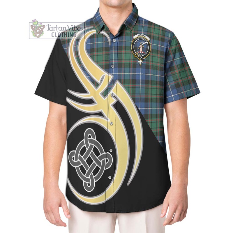 McRae Hunting Ancient Tartan Short Sleeve Button Shirt with Family Crest and Celtic Symbol Style