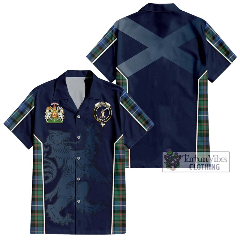 McRae Hunting Ancient Tartan Short Sleeve Button Shirt with Family Crest and Lion Rampant Vibes Sport Style