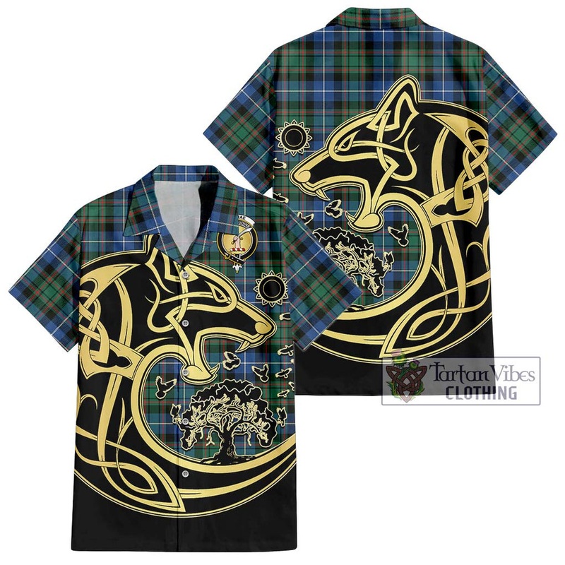 McRae Hunting Ancient Tartan Short Sleeve Button Shirt with Family Crest Celtic Wolf Style