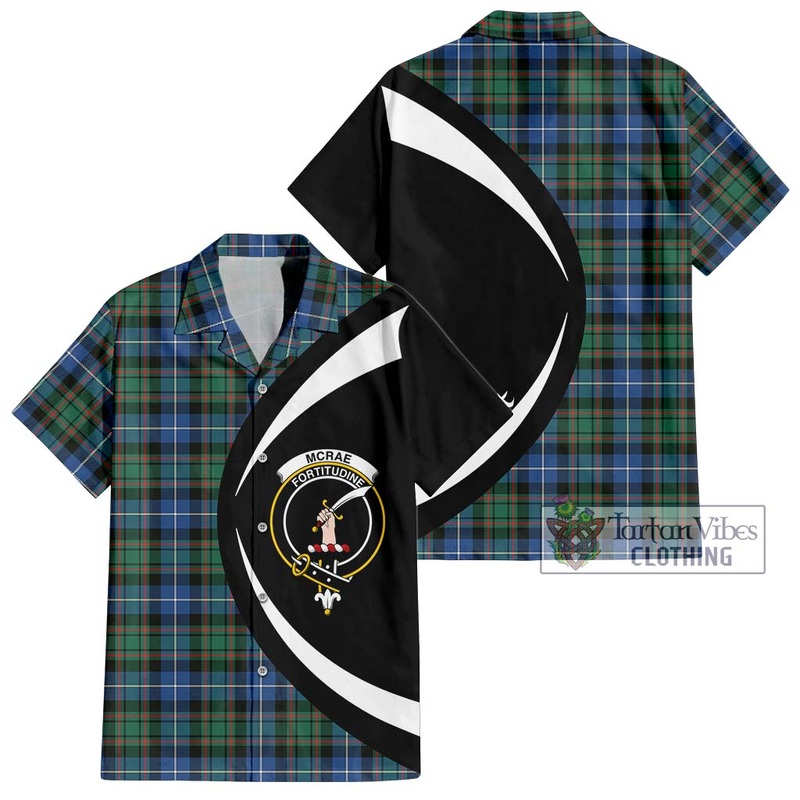 McRae Hunting Ancient Tartan Short Sleeve Button Up with Family Crest Circle Style