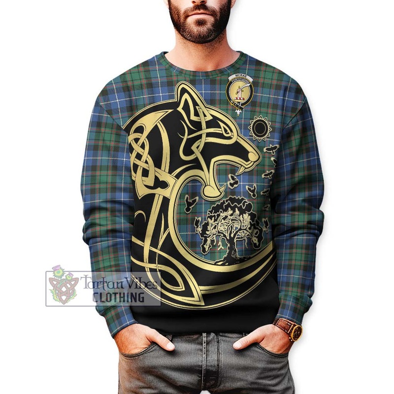 McRae Hunting Ancient Tartan Sweatshirt with Family Crest Celtic Wolf Style