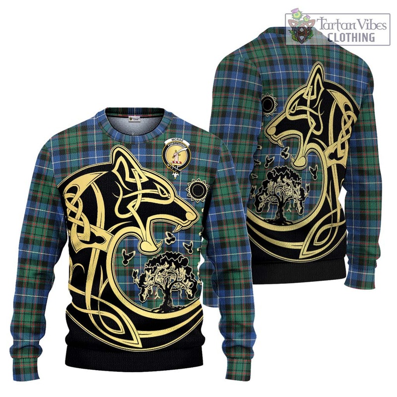 McRae Hunting Ancient Tartan Ugly Sweater with Family Crest Celtic Wolf Style