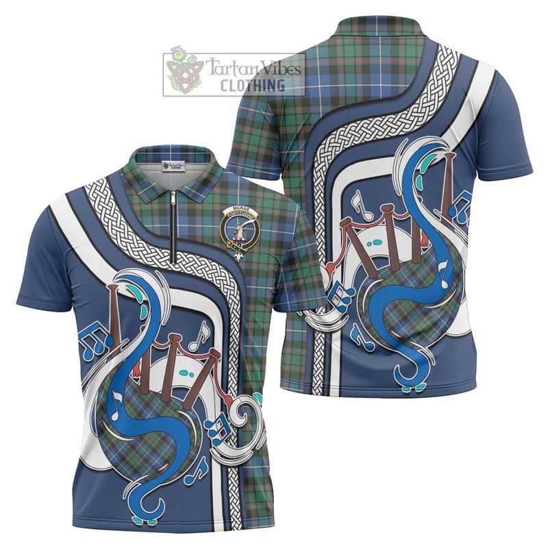 McRae Hunting Ancient Tartan Zipper Polo Shirt with Epic Bagpipe Style