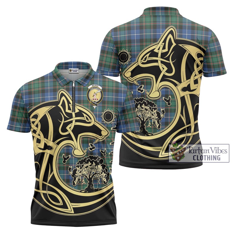 McRae Hunting Ancient Tartan Zipper Polo Shirt with Family Crest Celtic Wolf Style