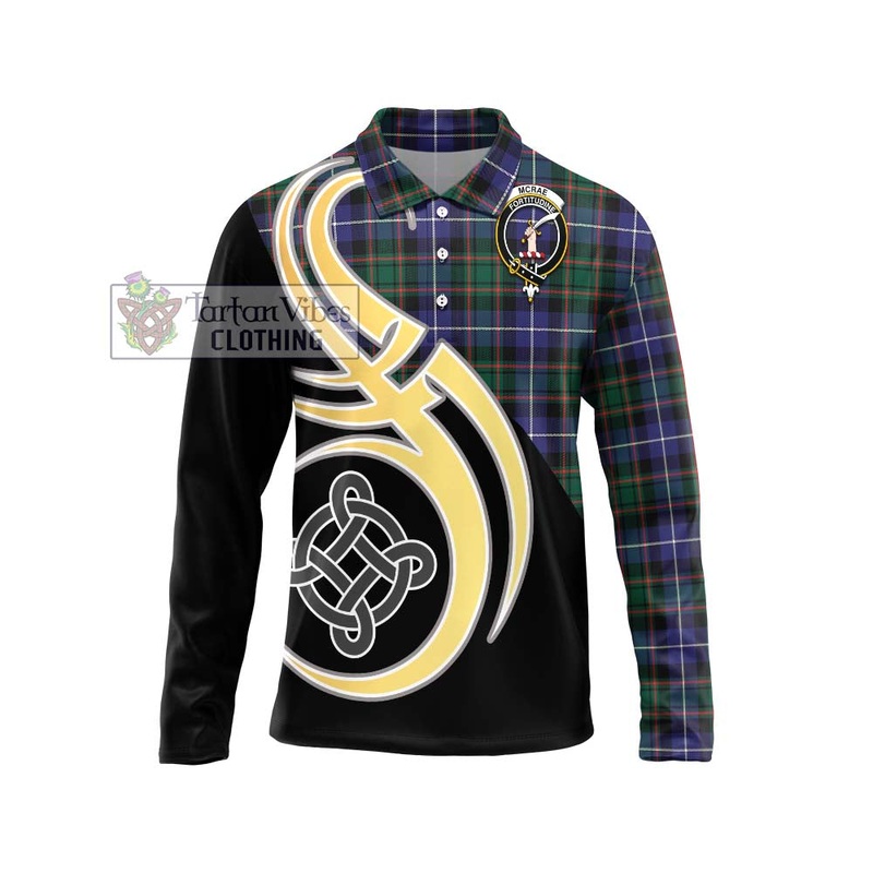 McRae Hunting Modern Tartan Long Sleeve Polo Shirt with Family Crest and Celtic Symbol Style