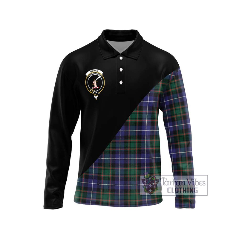 McRae Hunting Modern Tartan Long Sleeve Polo Shirt with Family Crest and Military Logo Style