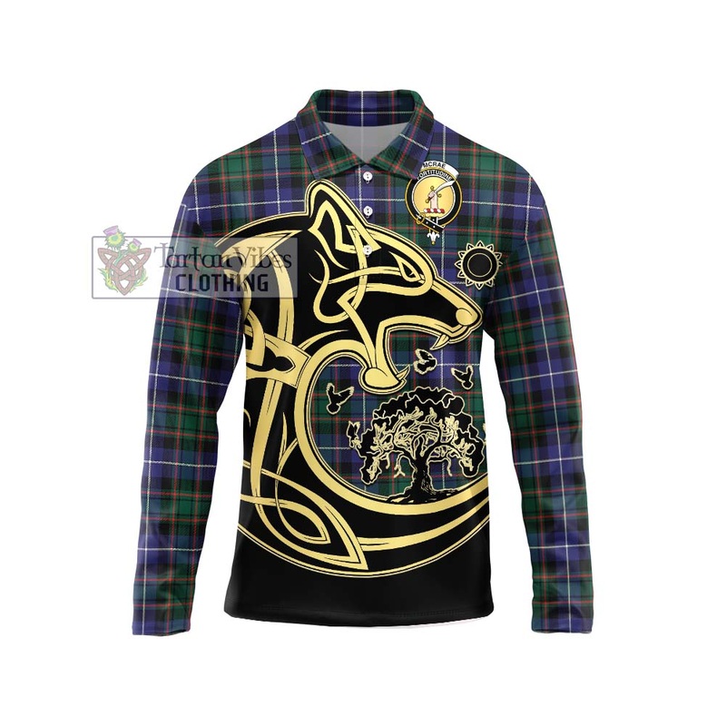 McRae Hunting Modern Tartan Long Sleeve Polo Shirt with Family Crest Celtic Wolf Style