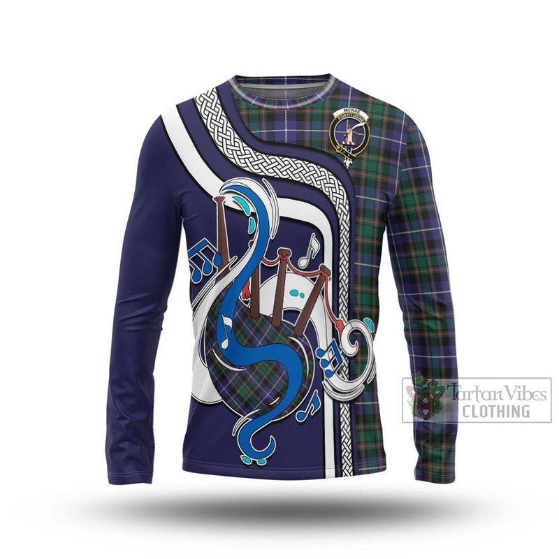 McRae Hunting Modern Tartan Long Sleeve T-Shirt with Epic Bagpipe Style