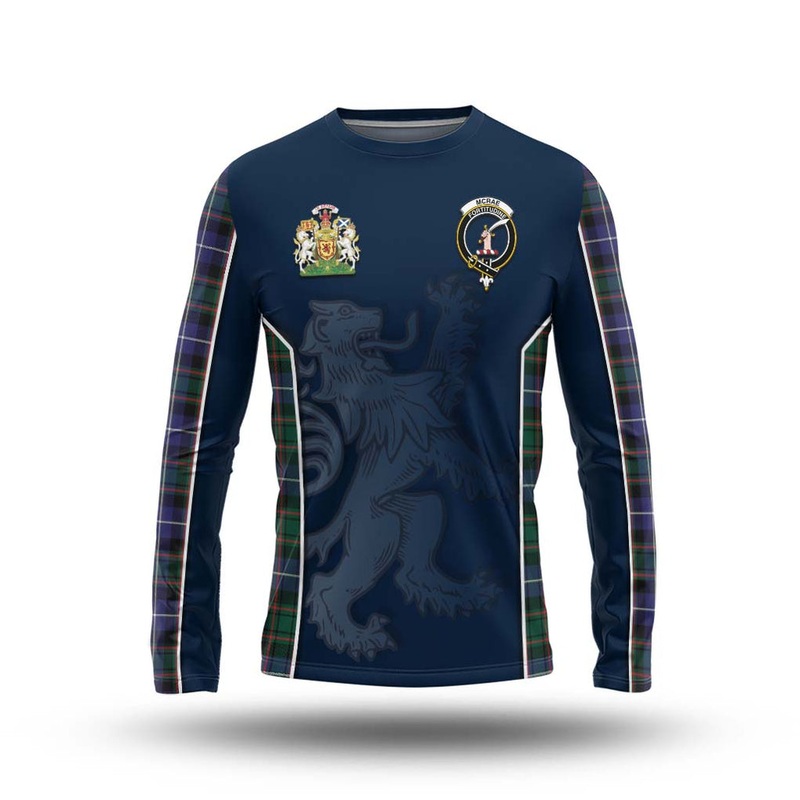 McRae Hunting Modern Tartan Long Sleeve T-Shirt with Family Crest and Lion Rampant Vibes Sport Style